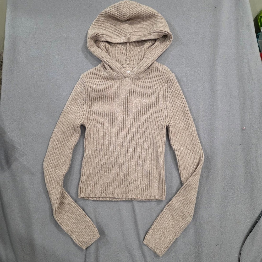 Aerie Tan Ribbed Knit Hoodie Sweater Oatmeal Heather Long Sleeve Womens Medium
